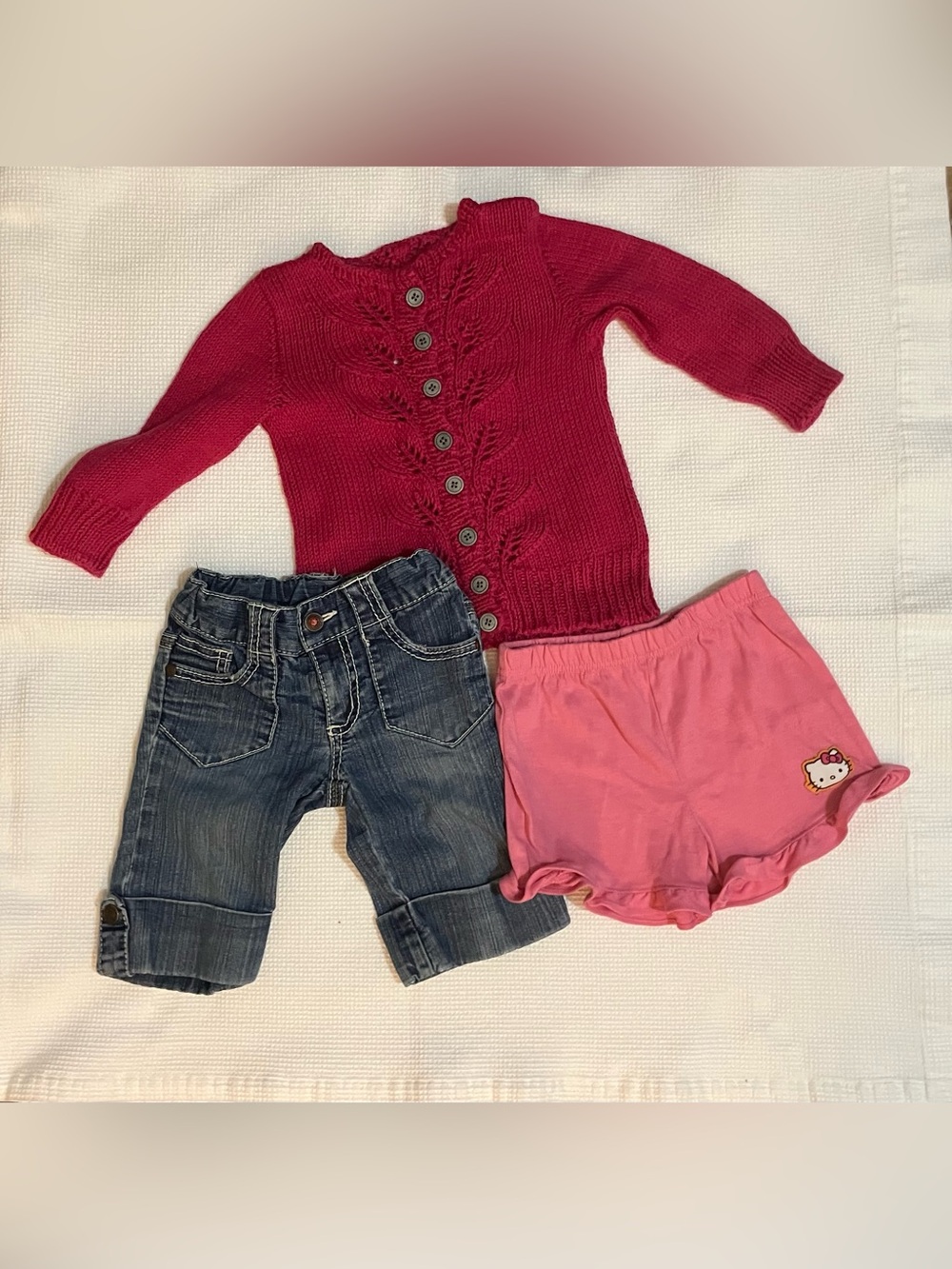 Girls Size 2T Denim Capri Shorts, Crochet Cardigan, & Sleep shorts Bundle